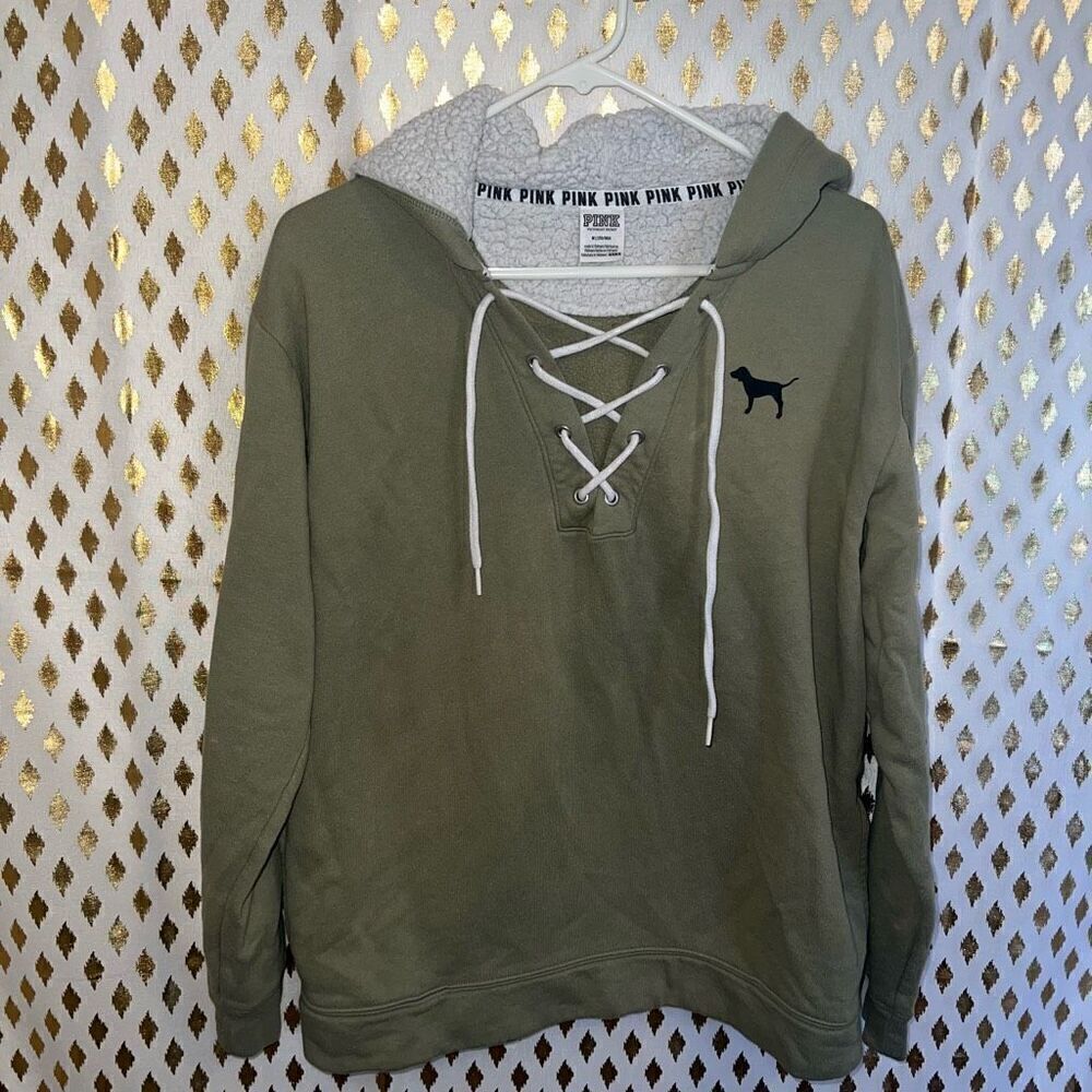 Victoria's Secret PINK army green Hoodie Lace Up Pullover Sweatshirt size M